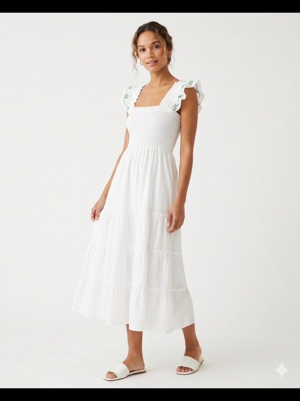 Hill House White Midi Dress with Green Embroidered Flutter Straps